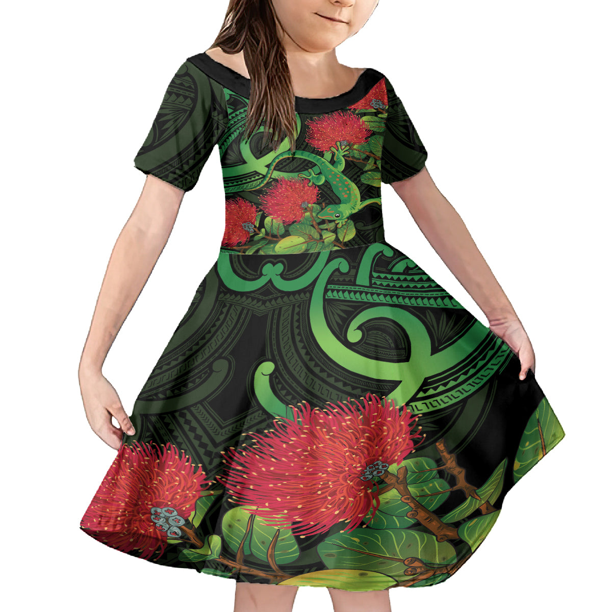 New Zealand Gecko Family Matching Puletasi and Hawaiian Shirt Aotearoa Maori With Pohutukawa Flowers LT14 Daughter's Dress Black - Polynesian Pride