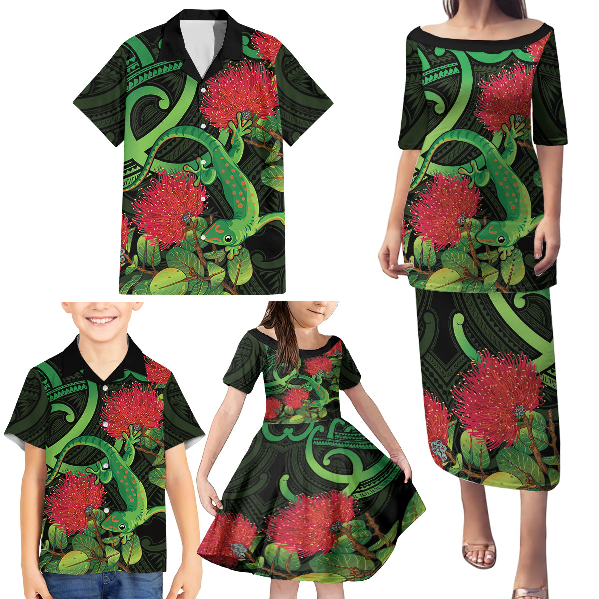 New Zealand Gecko Family Matching Puletasi and Hawaiian Shirt Aotearoa Maori With Pohutukawa Flowers LT14 - Polynesian Pride