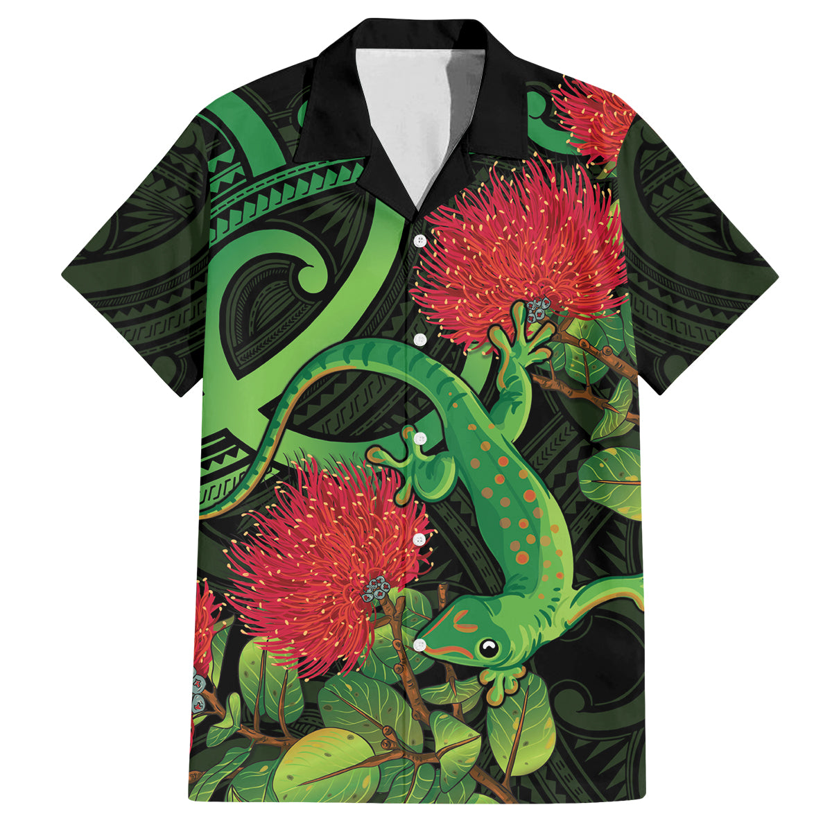 New Zealand Gecko Family Matching Puletasi and Hawaiian Shirt Aotearoa Maori With Pohutukawa Flowers LT14 Dad's Shirt - Short Sleeve Black - Polynesian Pride