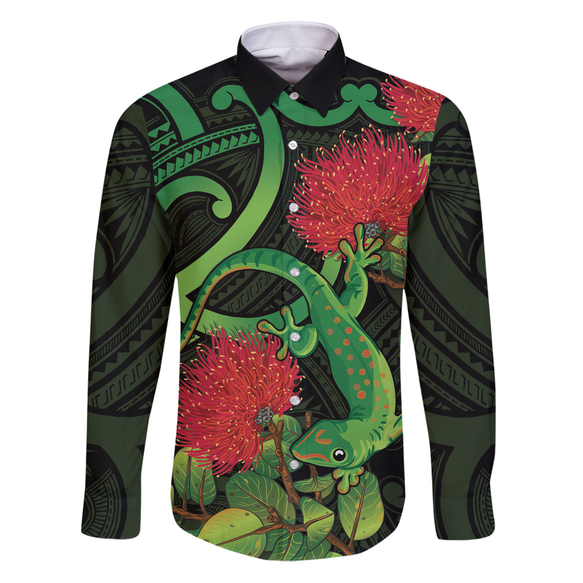 New Zealand Gecko Family Matching Puletasi and Hawaiian Shirt Aotearoa Maori With Pohutukawa Flowers LT14 Dad's Shirt - Long Sleeve Black - Polynesian Pride