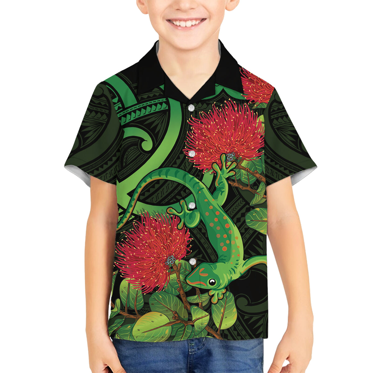 New Zealand Gecko Family Matching Puletasi and Hawaiian Shirt Aotearoa Maori With Pohutukawa Flowers LT14 Son's Shirt Black - Polynesian Pride