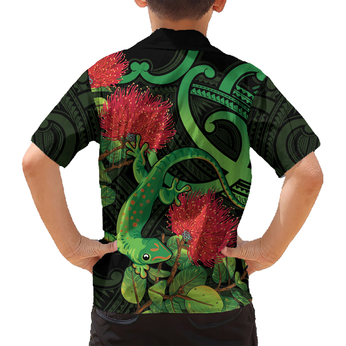 New Zealand Gecko Family Matching Short Sleeve Bodycon Dress and Hawaiian Shirt Aotearoa Maori With Pohutukawa Flowers LT14 - Polynesian Pride