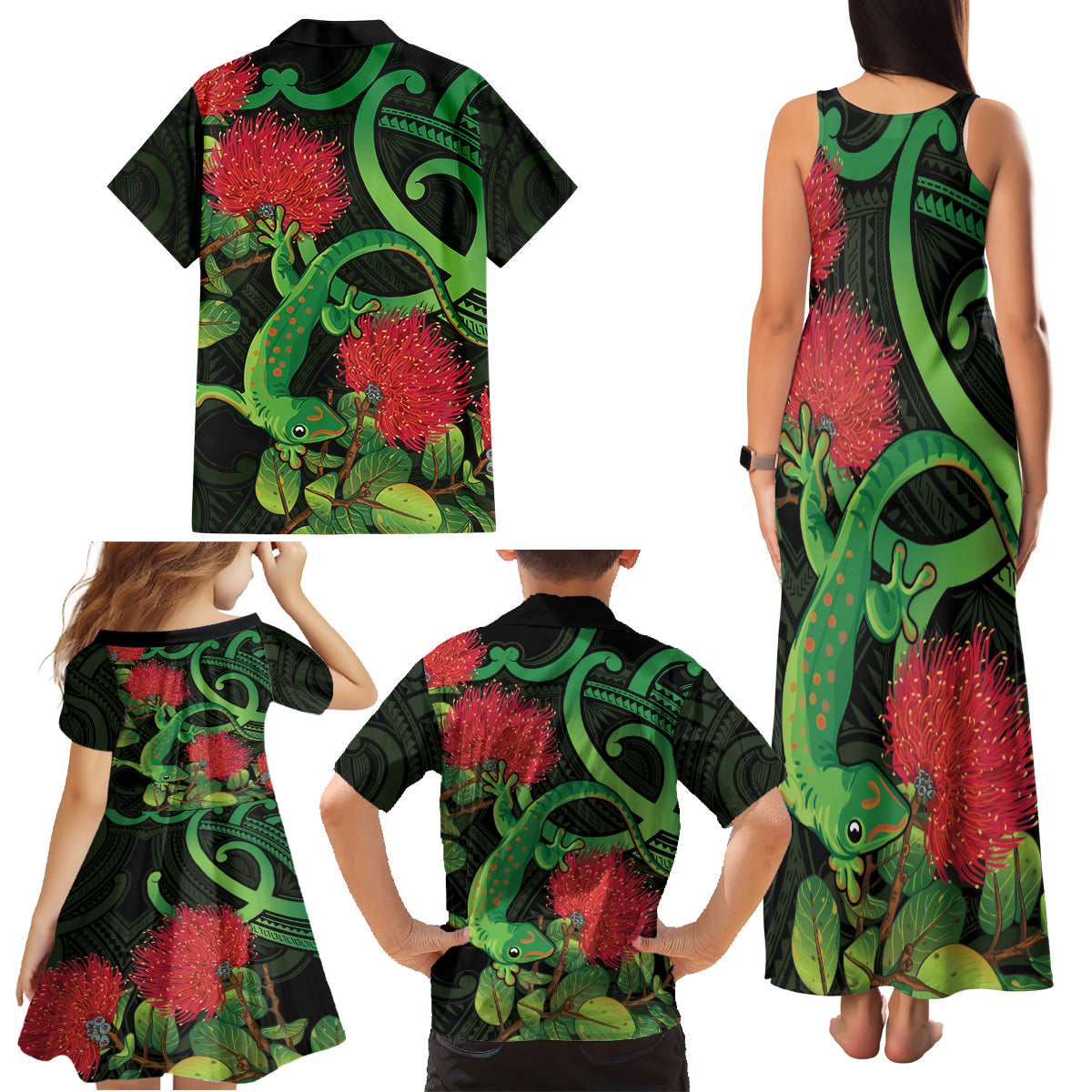 New Zealand Gecko Family Matching Tank Maxi Dress and Hawaiian Shirt Aotearoa Maori With Pohutukawa Flowers