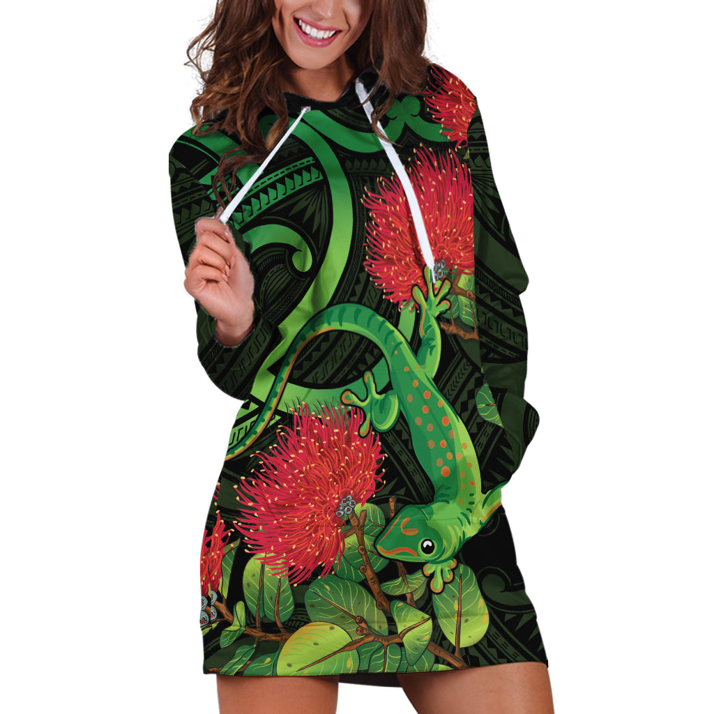 New Zealand Gecko Hoodie Dress Aotearoa Maori With Pohutukawa Flowers