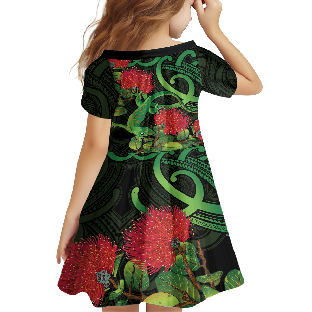 New Zealand Gecko Kid Short Sleeve Dress Aotearoa Maori With Pohutukawa Flowers LT14 - Polynesian Pride