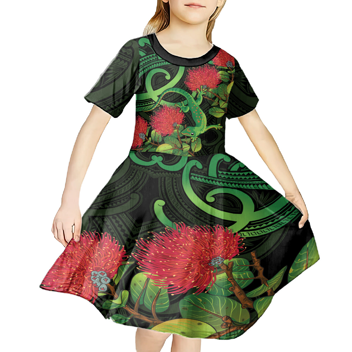 New Zealand Gecko Kid Short Sleeve Dress Aotearoa Maori With Pohutukawa Flowers LT14 - Polynesian Pride