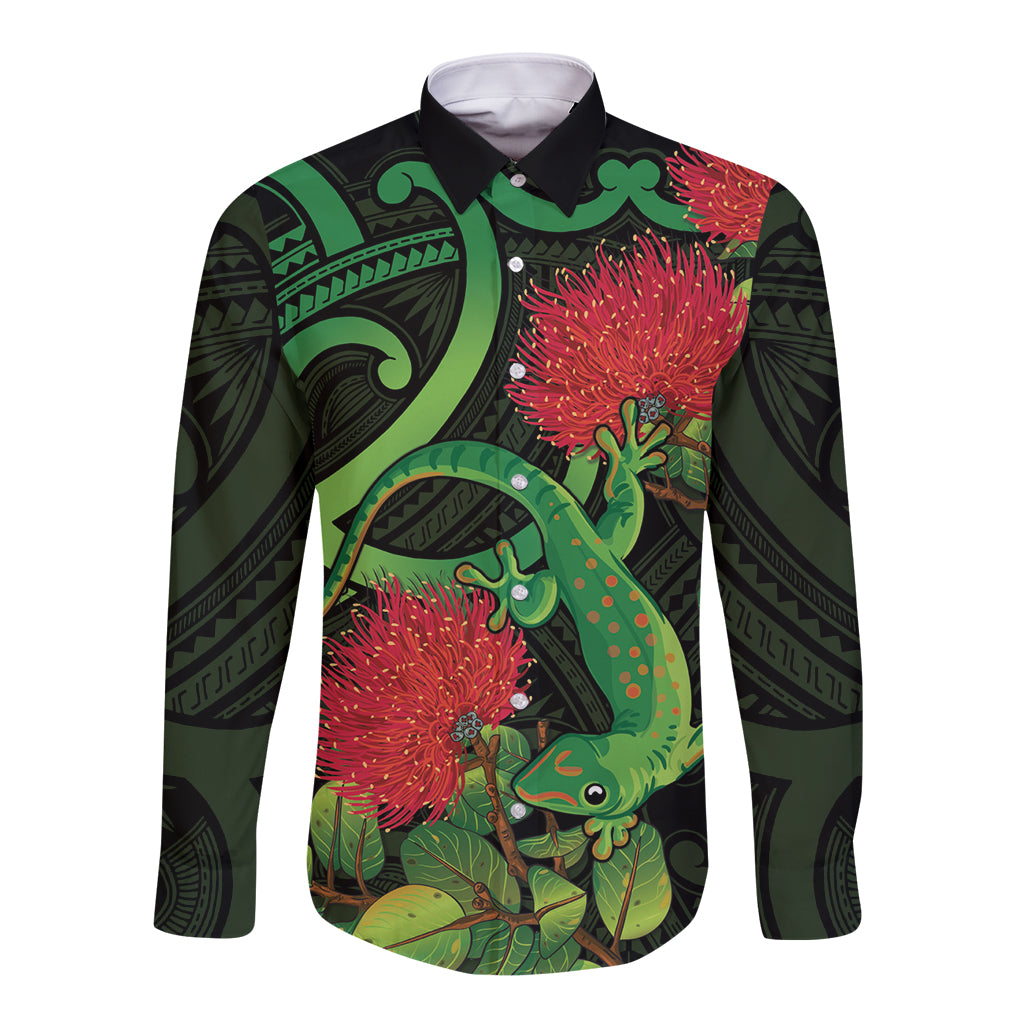 New Zealand Gecko Long Sleeve Button Shirt Aotearoa Maori With Pohutukawa Flowers