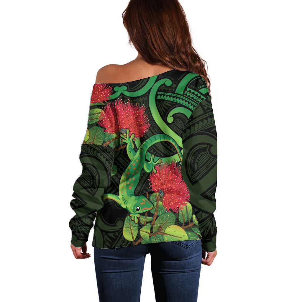 New Zealand Gecko Off Shoulder Sweater Aotearoa Maori With Pohutukawa Flowers