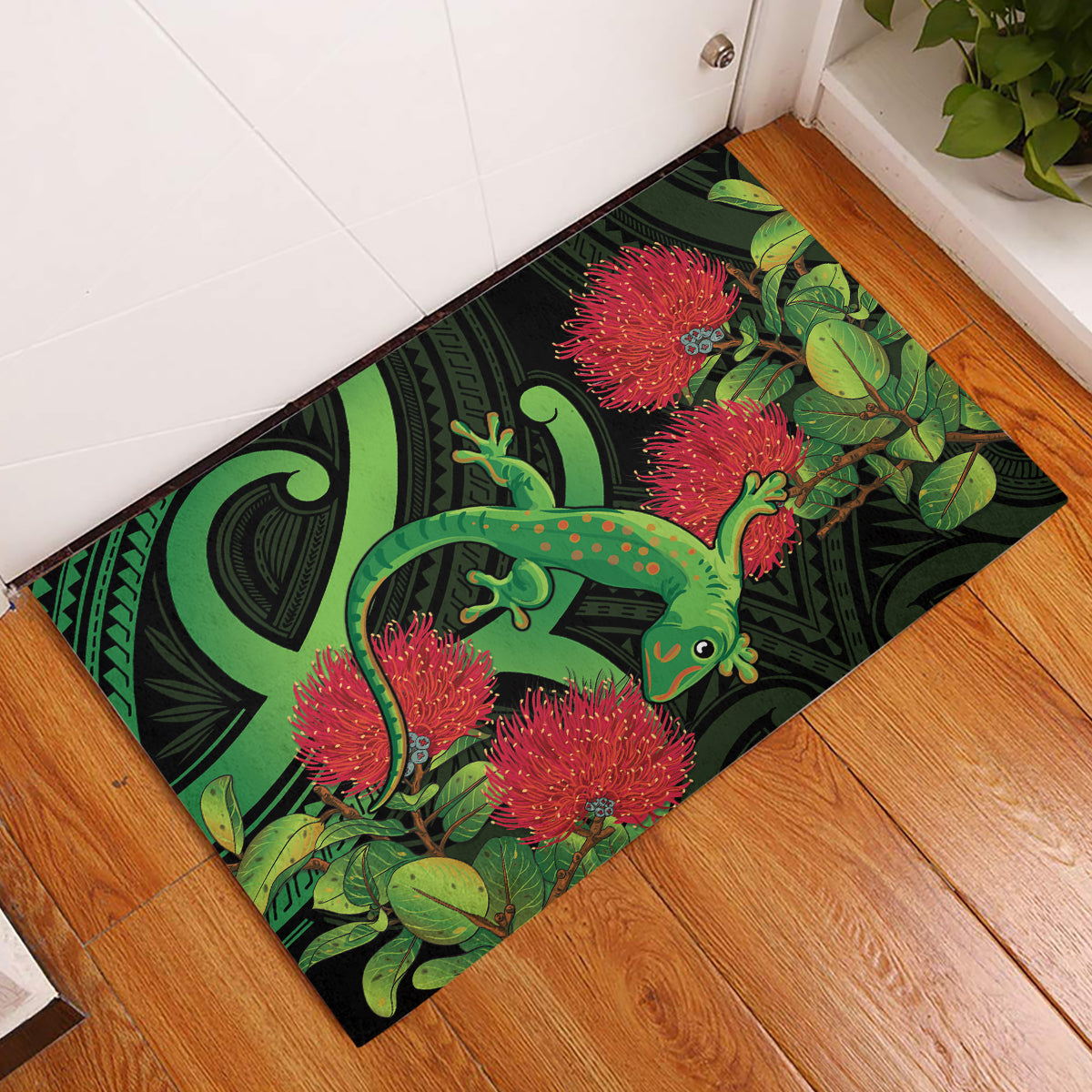 New Zealand Gecko Rubber Doormat Aotearoa Maori With Pohutukawa Flowers