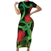 New Zealand Gecko Short Sleeve Bodycon Dress Aotearoa Maori With Pohutukawa Flowers LT14 Long Dress Black - Polynesian Pride