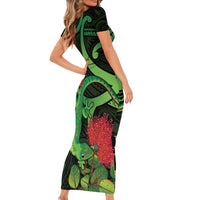 New Zealand Gecko Short Sleeve Bodycon Dress Aotearoa Maori With Pohutukawa Flowers LT14 - Polynesian Pride