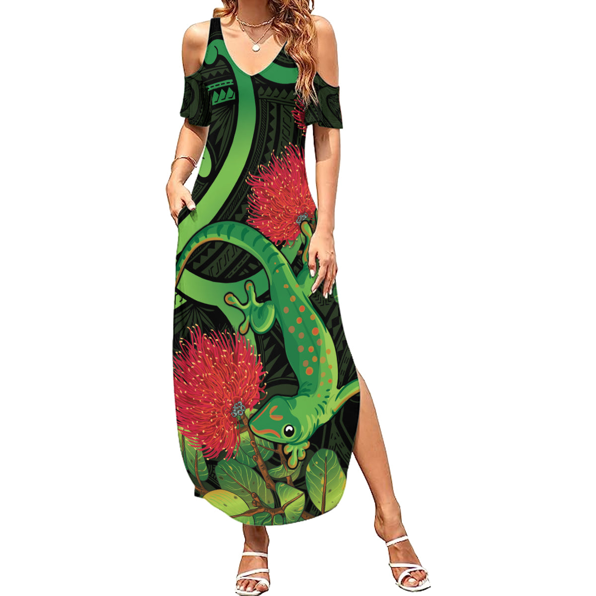 New Zealand Gecko Summer Maxi Dress Aotearoa Maori With Pohutukawa Flowers