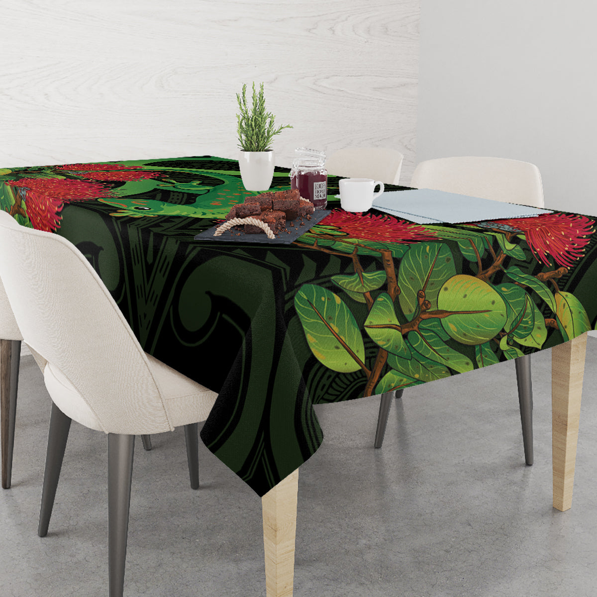 New Zealand Gecko Tablecloth Aotearoa Maori With Pohutukawa Flowers