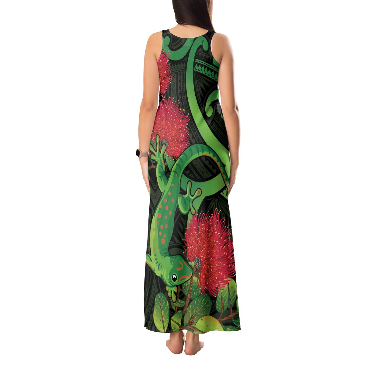 New Zealand Gecko Tank Maxi Dress Aotearoa Maori With Pohutukawa Flowers LT14 - Polynesian Pride