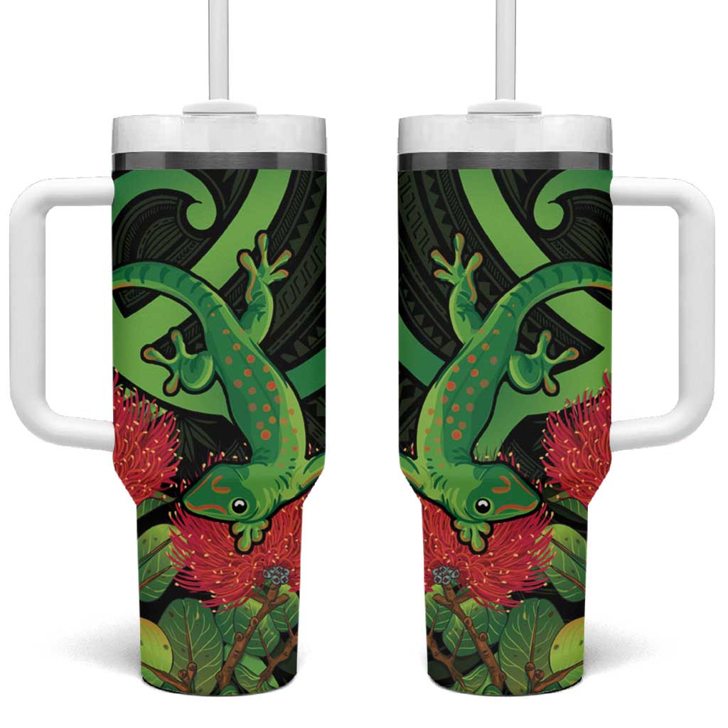 New Zealand Gecko Tumbler With Handle Aotearoa Maori With Pohutukawa Flowers