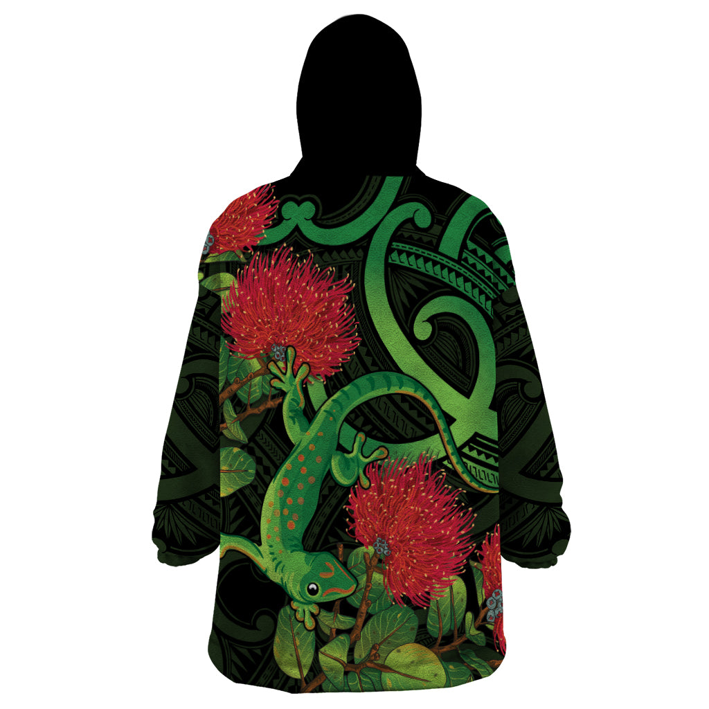 New Zealand Gecko Wearable Blanket Hoodie Aotearoa Maori With Pohutukawa Flowers
