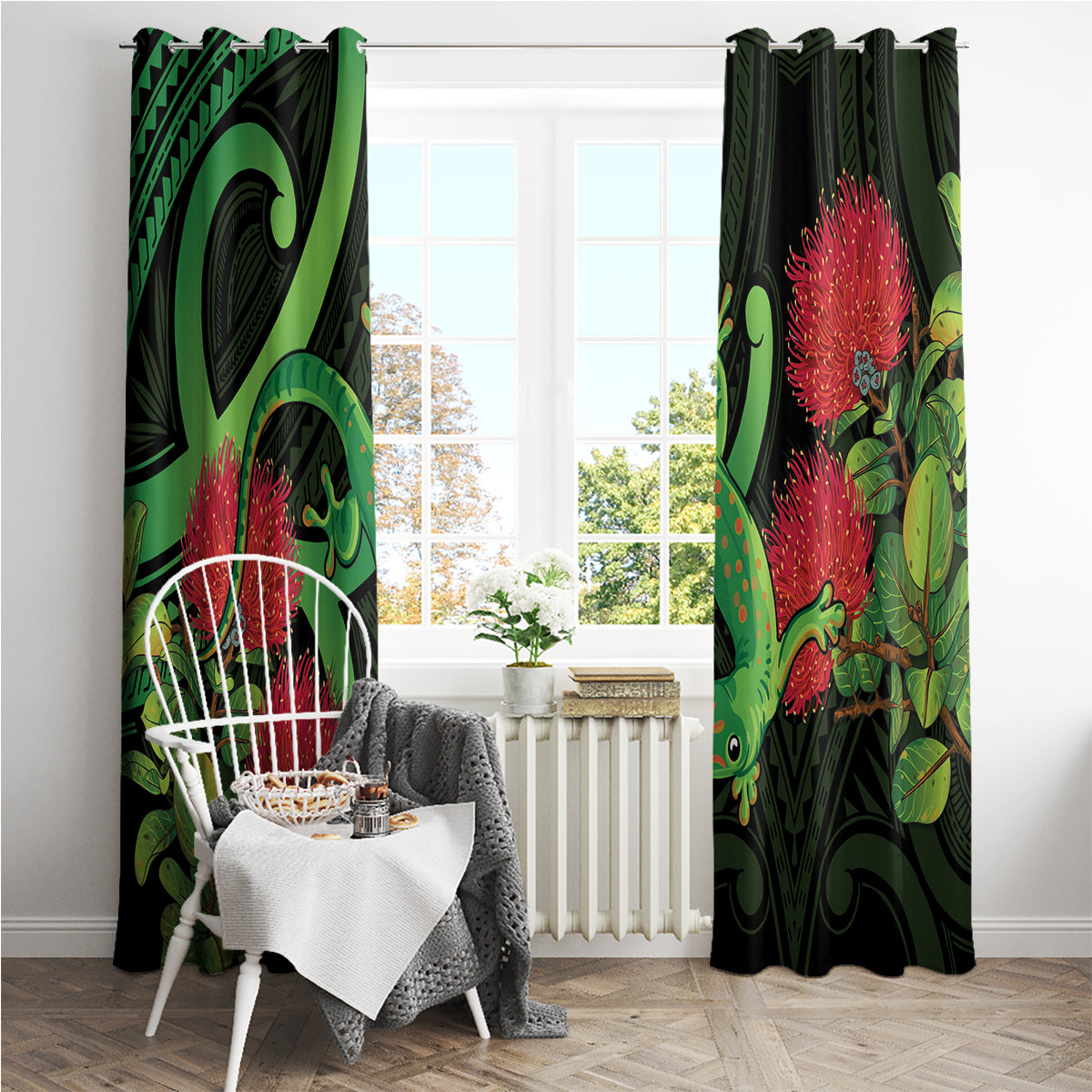 New Zealand Gecko Window Curtain Aotearoa Maori With Pohutukawa Flowers