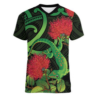 New Zealand Gecko Women V-Neck T-Shirt Aotearoa Maori With Pohutukawa Flowers