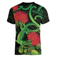 New Zealand Gecko Women V-Neck T-Shirt Aotearoa Maori With Pohutukawa Flowers