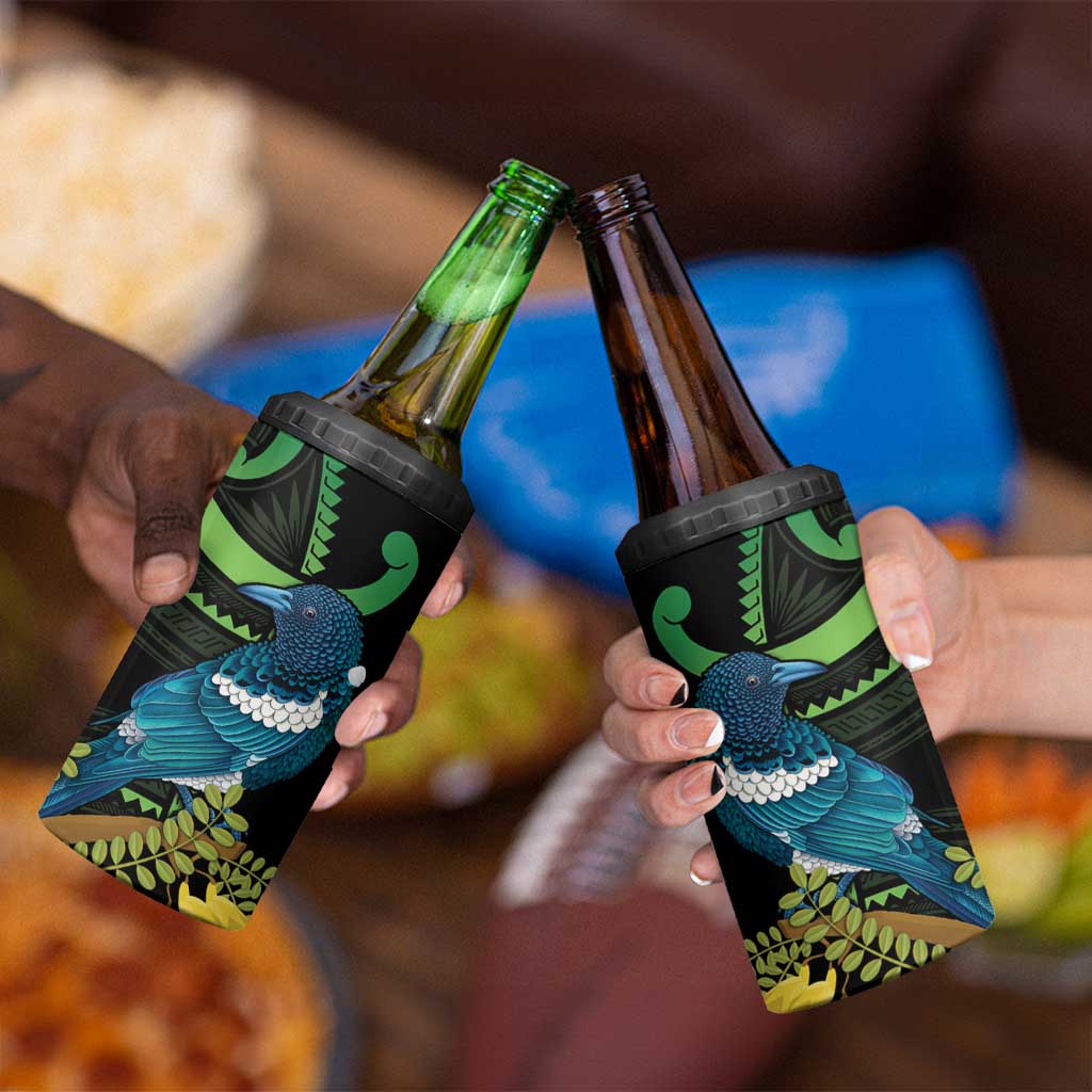 New Zealand Tui Bird 4 in 1 Can Cooler Tumbler Aotearoa Maori With Kowhai Flowers