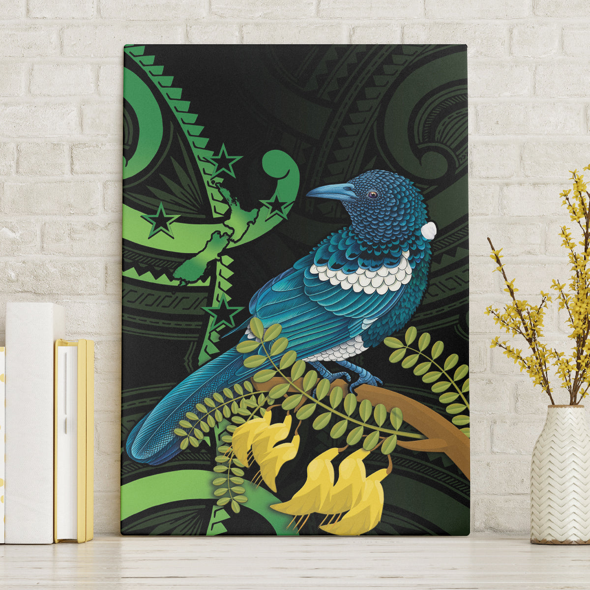 New Zealand Tui Bird Canvas Wall Art Aotearoa Maori With Kowhai Flowers