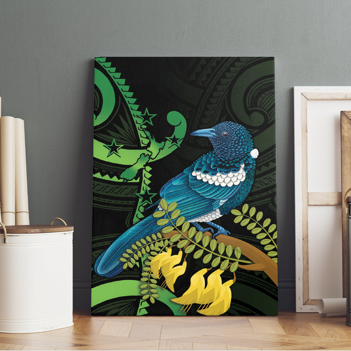 New Zealand Tui Bird Canvas Wall Art Aotearoa Maori With Kowhai Flowers