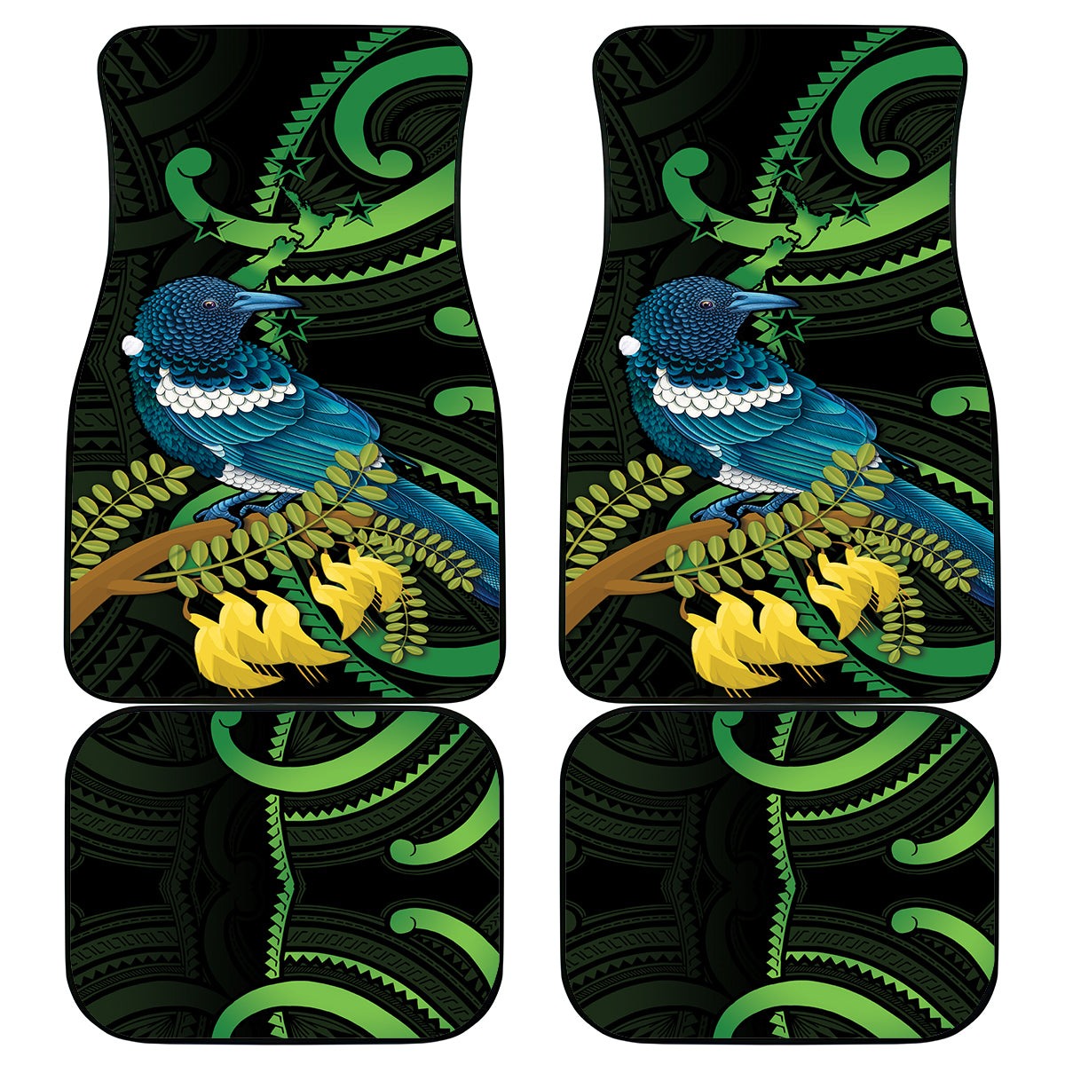 New Zealand Tui Bird Car Mats Aotearoa Maori With Kowhai Flowers
