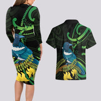 New Zealand Tui Bird Couples Matching Long Sleeve Bodycon Dress and Hawaiian Shirt Aotearoa Maori With Kowhai Flowers LT14 - Polynesian Pride