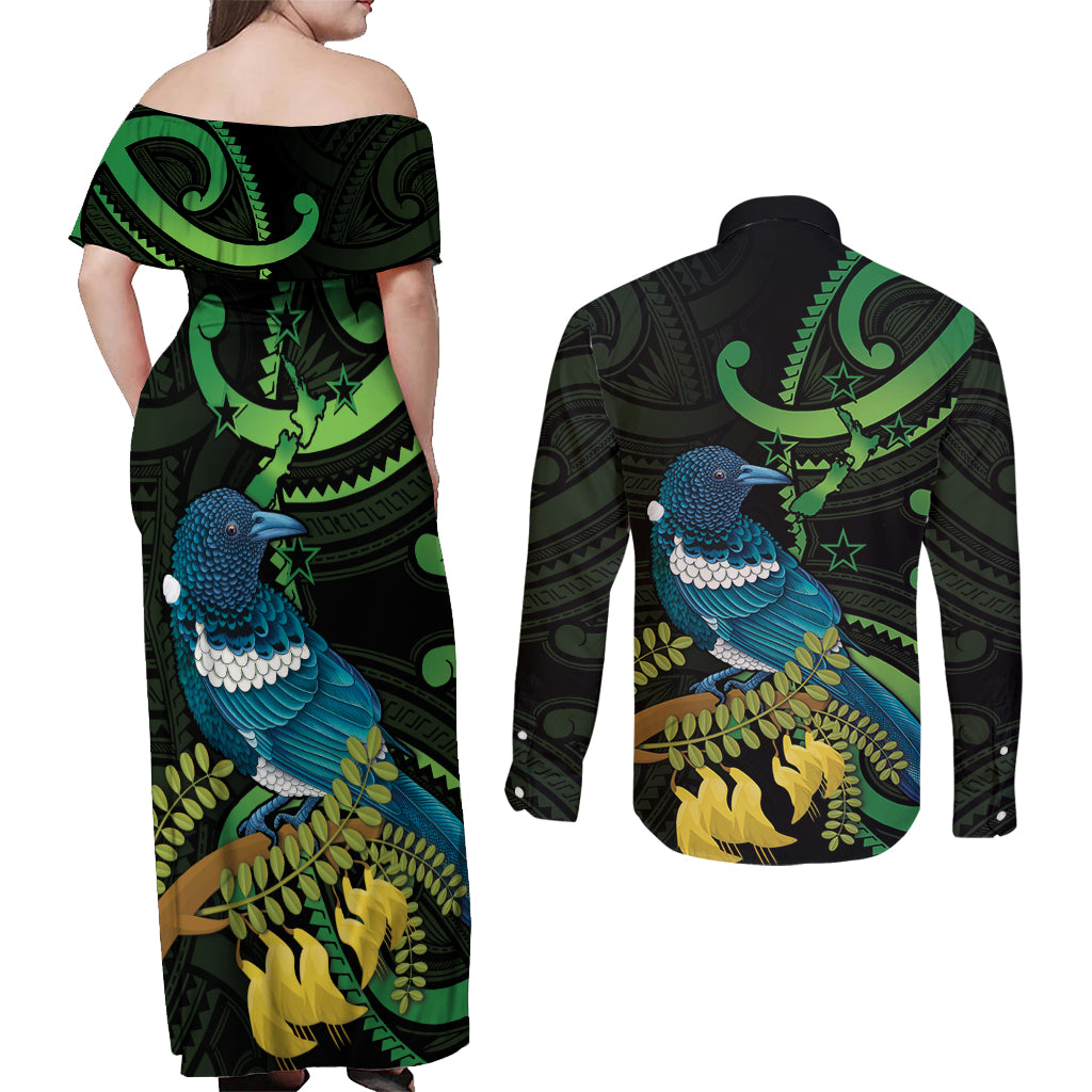 New Zealand Tui Bird Couples Matching Off Shoulder Maxi Dress and Long Sleeve Button Shirt Aotearoa Maori With Kowhai Flowers LT14 - Polynesian Pride