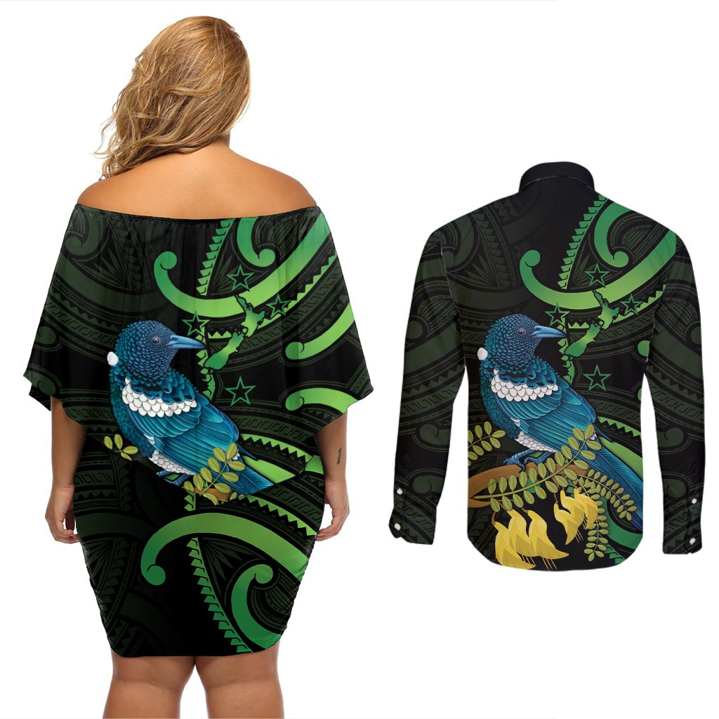 New Zealand Tui Bird Couples Matching Off Shoulder Short Dress and Long Sleeve Button Shirt Aotearoa Maori With Kowhai Flowers LT14 - Polynesian Pride