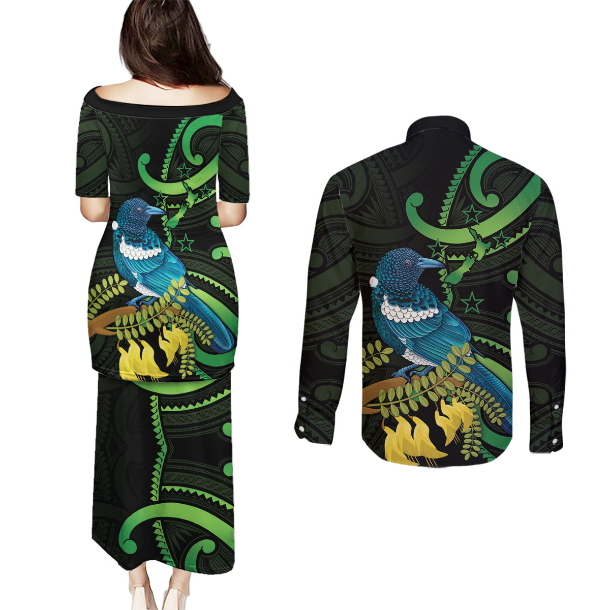 New Zealand Tui Bird Couples Matching Puletasi and Long Sleeve Button Shirt Aotearoa Maori With Kowhai Flowers LT14 - Polynesian Pride