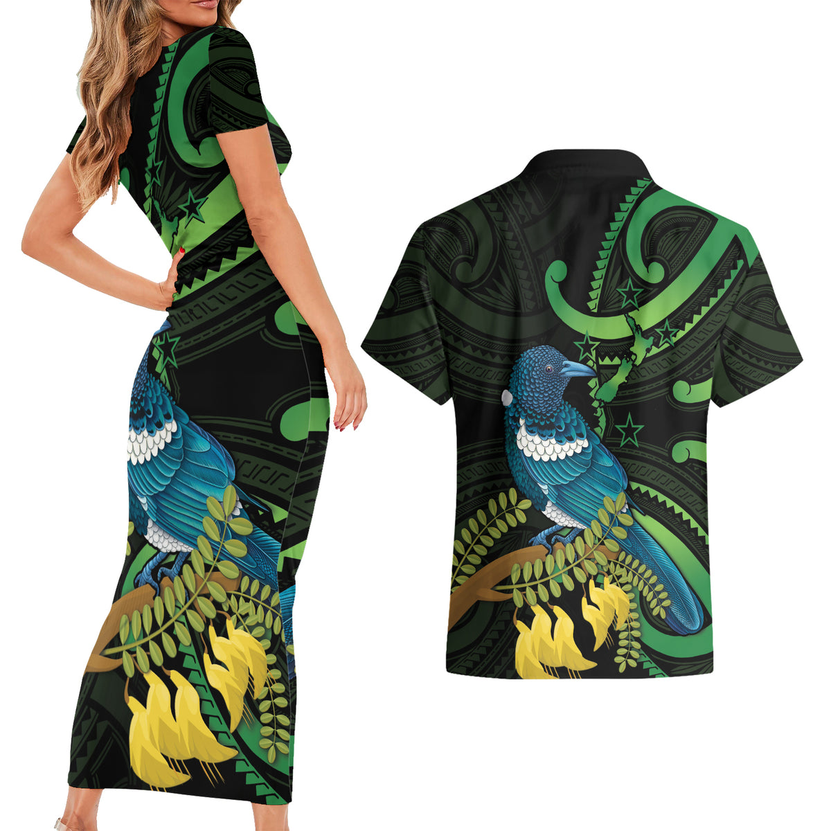New Zealand Tui Bird Couples Matching Short Sleeve Bodycon Dress and Hawaiian Shirt Aotearoa Maori With Kowhai Flowers LT14 - Polynesian Pride