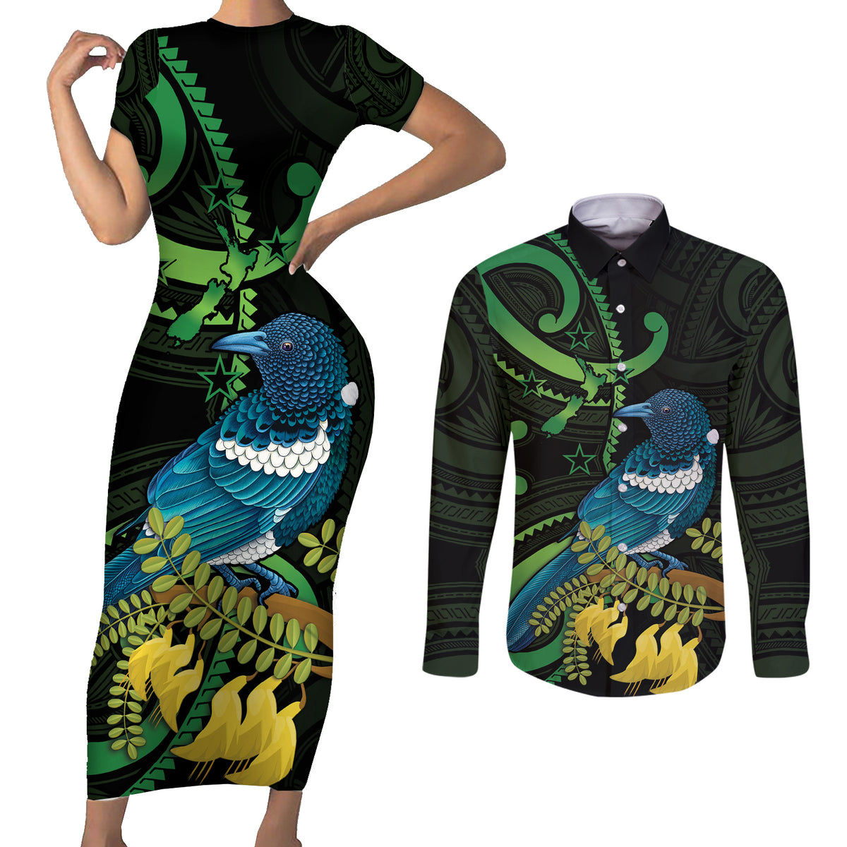 New Zealand Tui Bird Couples Matching Short Sleeve Bodycon Dress and Long Sleeve Button Shirt Aotearoa Maori With Kowhai Flowers LT14 Black - Polynesian Pride