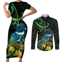 New Zealand Tui Bird Couples Matching Short Sleeve Bodycon Dress and Long Sleeve Button Shirt Aotearoa Maori With Kowhai Flowers LT14 Black - Polynesian Pride
