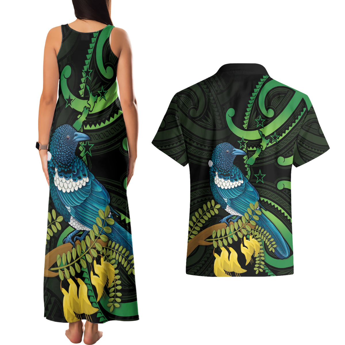 New Zealand Tui Bird Couples Matching Tank Maxi Dress and Hawaiian Shirt Aotearoa Maori With Kowhai Flowers LT14 - Polynesian Pride