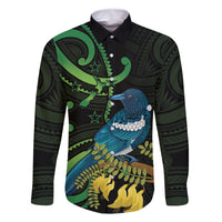 New Zealand Tui Bird Family Matching Long Sleeve Bodycon Dress and Hawaiian Shirt Aotearoa Maori With Kowhai Flowers LT14 Dad's Shirt - Long Sleeve Black - Polynesian Pride