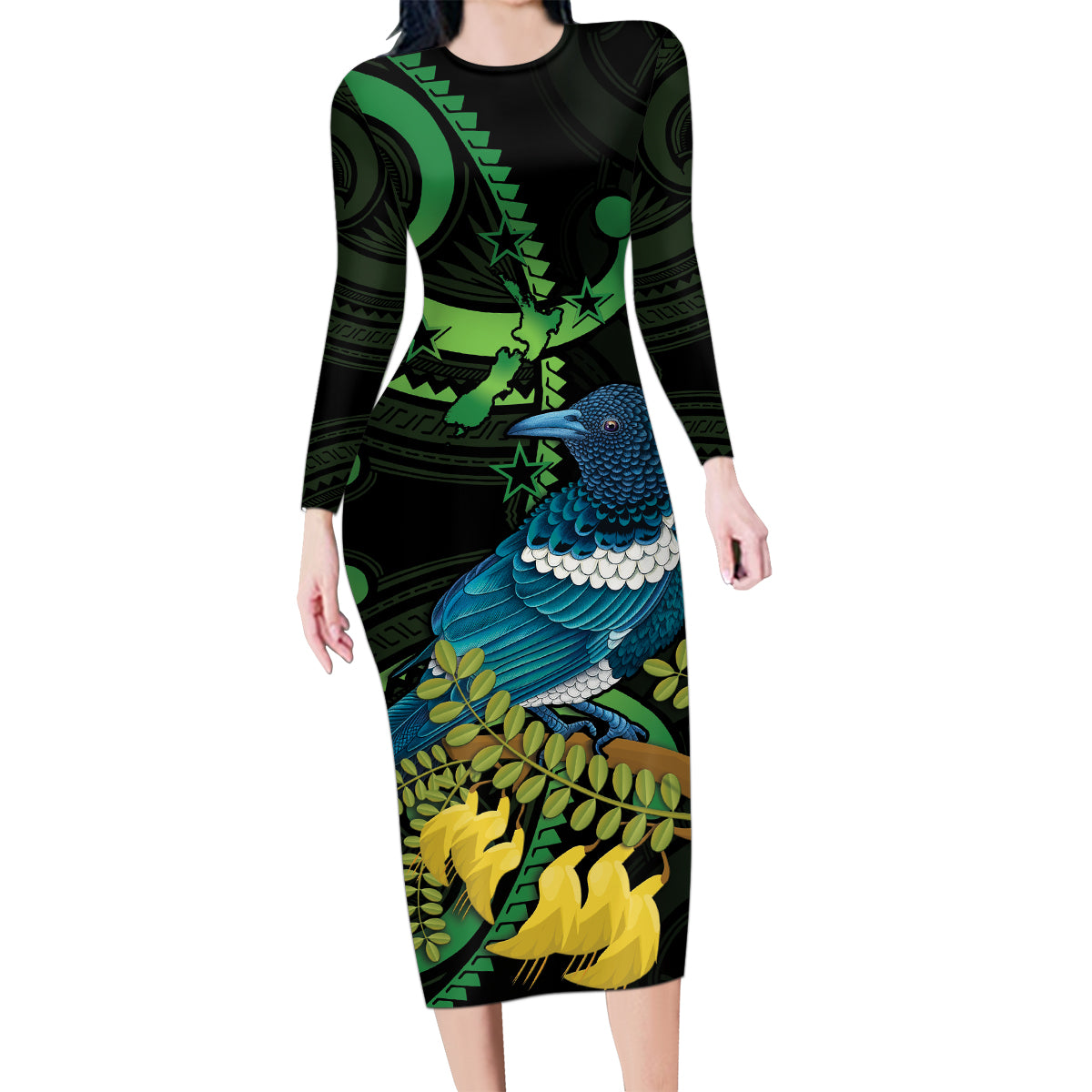 New Zealand Tui Bird Family Matching Long Sleeve Bodycon Dress and Hawaiian Shirt Aotearoa Maori With Kowhai Flowers LT14 Mom's Dress Black - Polynesian Pride