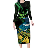 New Zealand Tui Bird Family Matching Long Sleeve Bodycon Dress and Hawaiian Shirt Aotearoa Maori With Kowhai Flowers LT14 Mom's Dress Black - Polynesian Pride