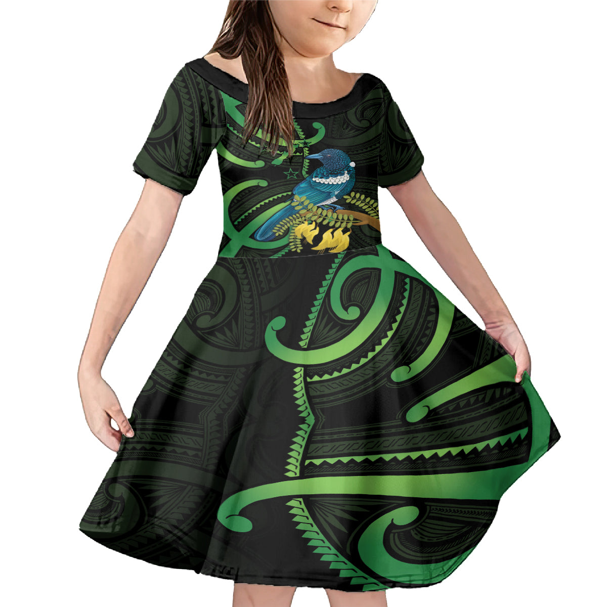 New Zealand Tui Bird Family Matching Mermaid Dress and Hawaiian Shirt Aotearoa Maori With Kowhai Flowers LT14 Daughter's Dress Black - Polynesian Pride