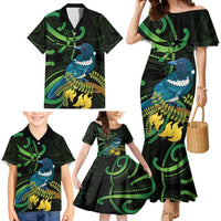 New Zealand Tui Bird Family Matching Mermaid Dress and Hawaiian Shirt Aotearoa Maori With Kowhai Flowers LT14 - Polynesian Pride