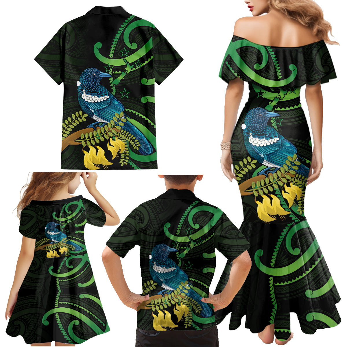 New Zealand Tui Bird Family Matching Mermaid Dress and Hawaiian Shirt Aotearoa Maori With Kowhai Flowers LT14 - Polynesian Pride