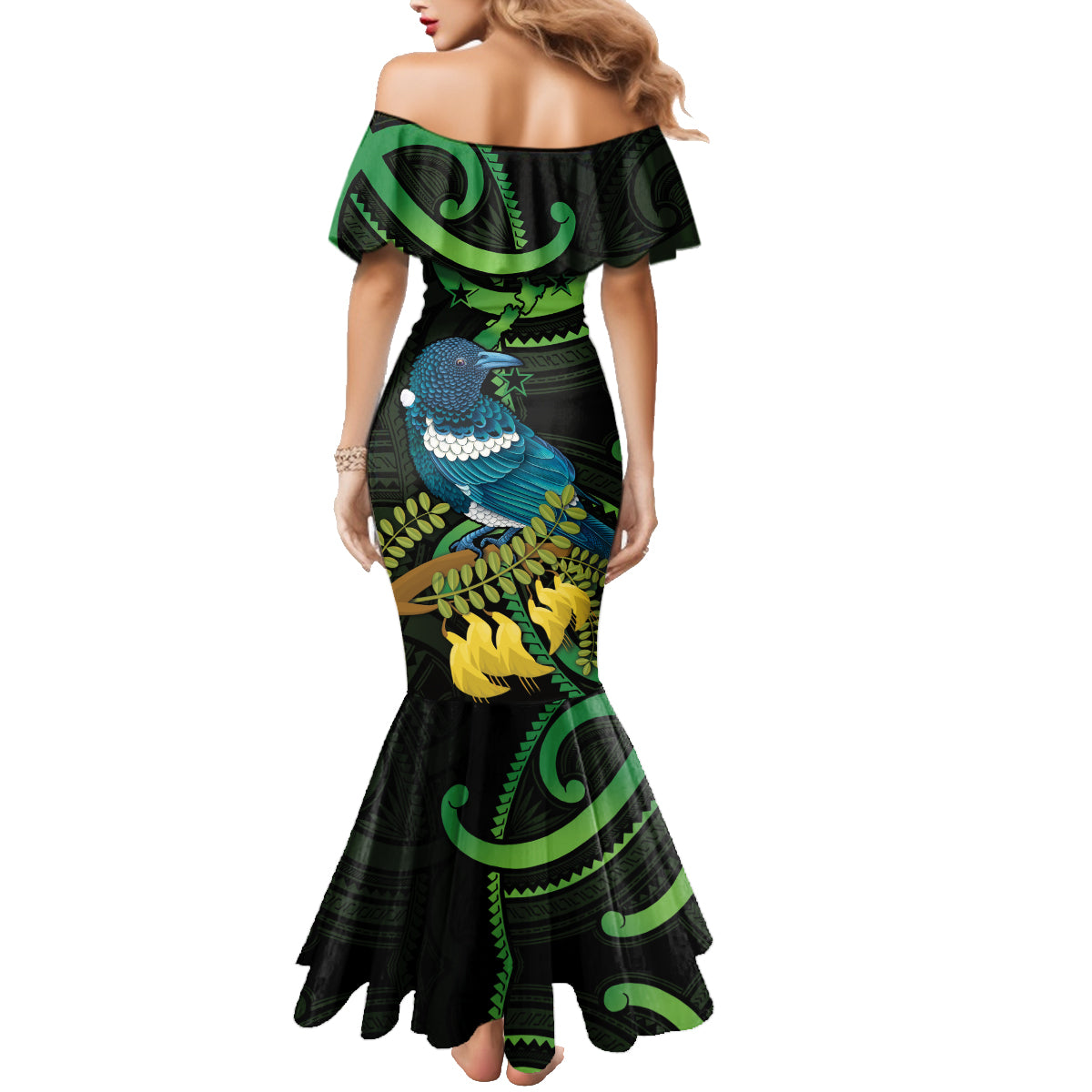 New Zealand Tui Bird Family Matching Mermaid Dress and Hawaiian Shirt Aotearoa Maori With Kowhai Flowers LT14 - Polynesian Pride