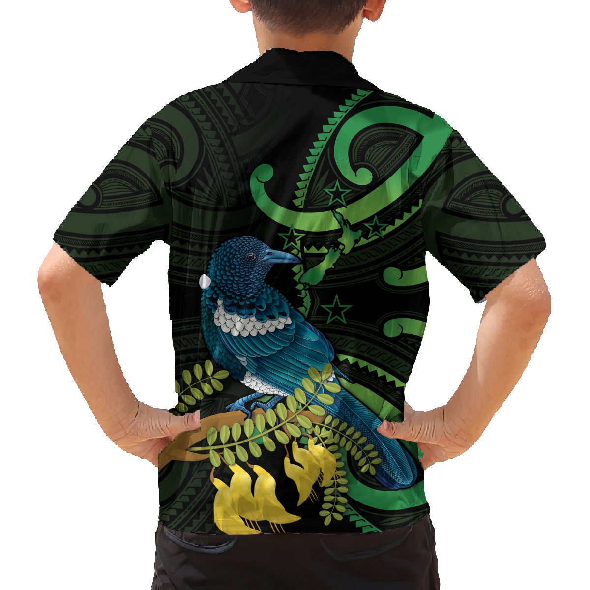 New Zealand Tui Bird Family Matching Puletasi and Hawaiian Shirt Aotearoa Maori With Kowhai Flowers LT14 - Polynesian Pride