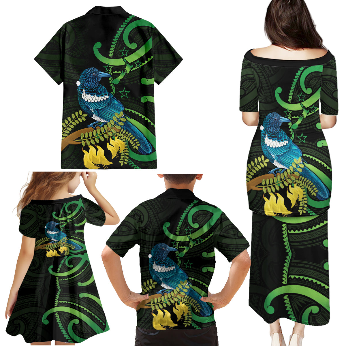 New Zealand Tui Bird Family Matching Puletasi and Hawaiian Shirt Aotearoa Maori With Kowhai Flowers LT14 - Polynesian Pride