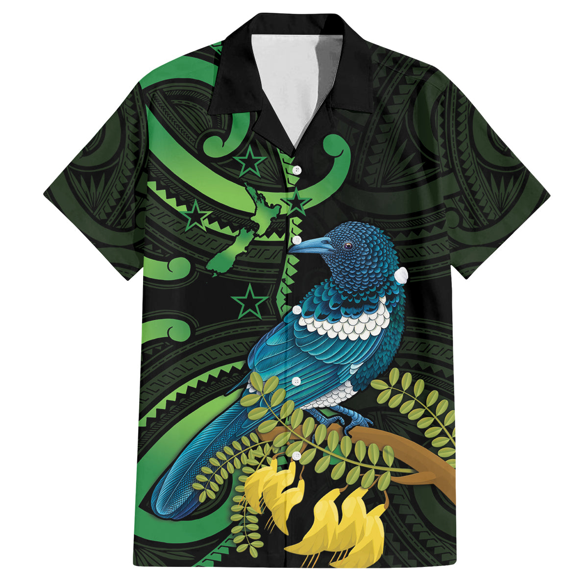 New Zealand Tui Bird Family Matching Puletasi and Hawaiian Shirt Aotearoa Maori With Kowhai Flowers LT14 Dad's Shirt - Short Sleeve Black - Polynesian Pride