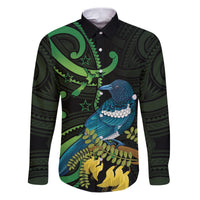 New Zealand Tui Bird Family Matching Puletasi and Hawaiian Shirt Aotearoa Maori With Kowhai Flowers LT14 Dad's Shirt - Long Sleeve Black - Polynesian Pride