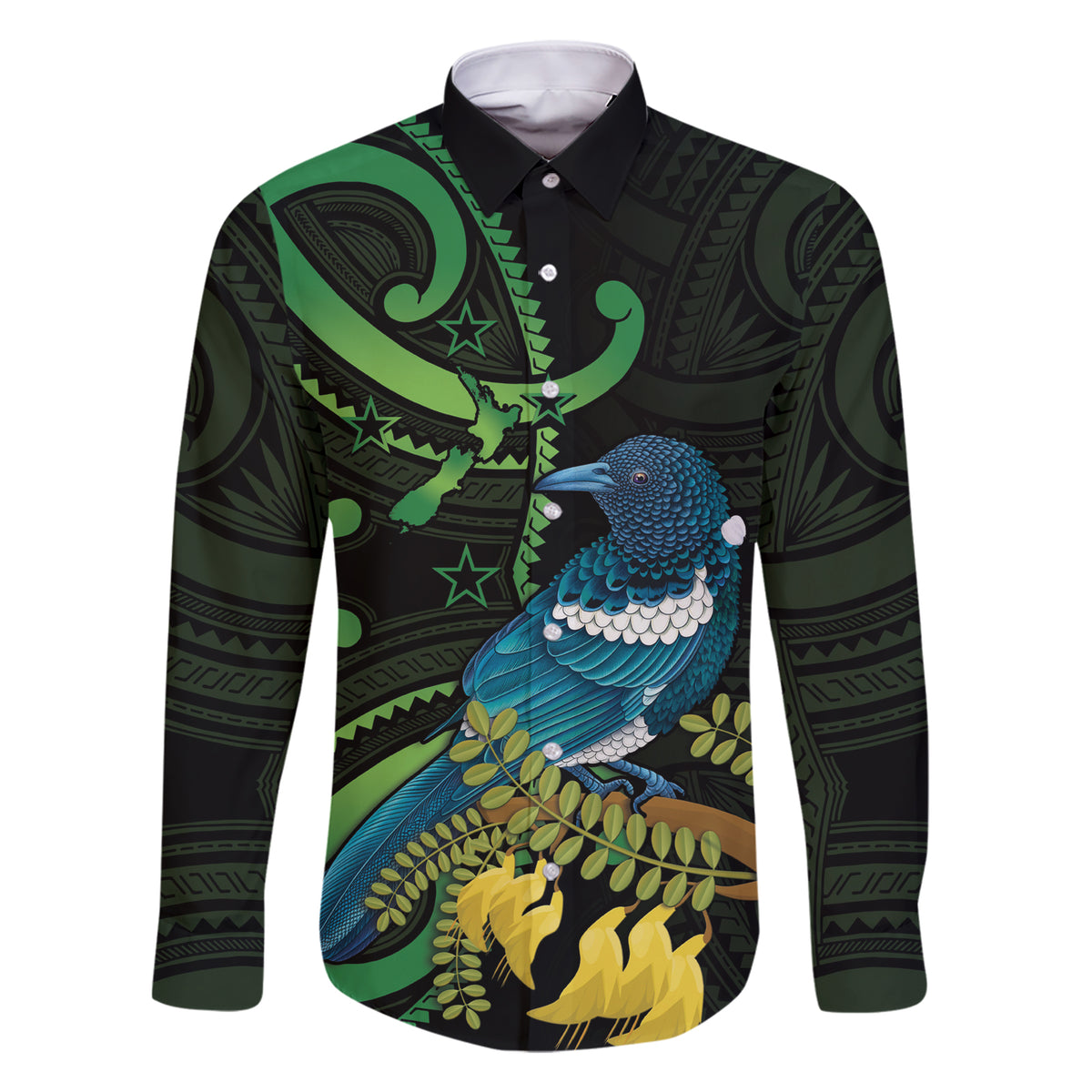 New Zealand Tui Bird Family Matching Short Sleeve Bodycon Dress and Hawaiian Shirt Aotearoa Maori With Kowhai Flowers LT14 Dad's Shirt - Long Sleeve Black - Polynesian Pride