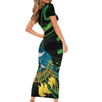 New Zealand Tui Bird Family Matching Short Sleeve Bodycon Dress and Hawaiian Shirt Aotearoa Maori With Kowhai Flowers LT14 - Polynesian Pride