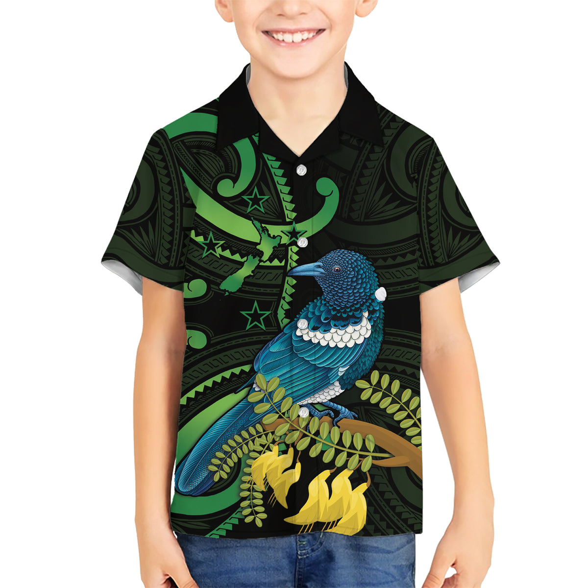New Zealand Tui Bird Family Matching Short Sleeve Bodycon Dress and Hawaiian Shirt Aotearoa Maori With Kowhai Flowers LT14 Son's Shirt Black - Polynesian Pride
