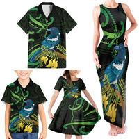 New Zealand Tui Bird Family Matching Tank Maxi Dress and Hawaiian Shirt Aotearoa Maori With Kowhai Flowers